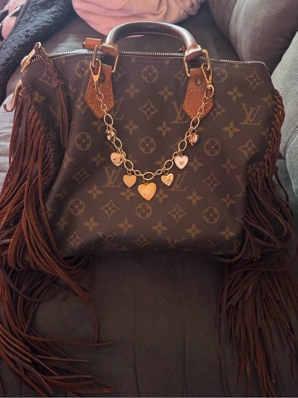 Louis Vuitton Brown Monogram Fringe Satchel with Heart Charm Chain